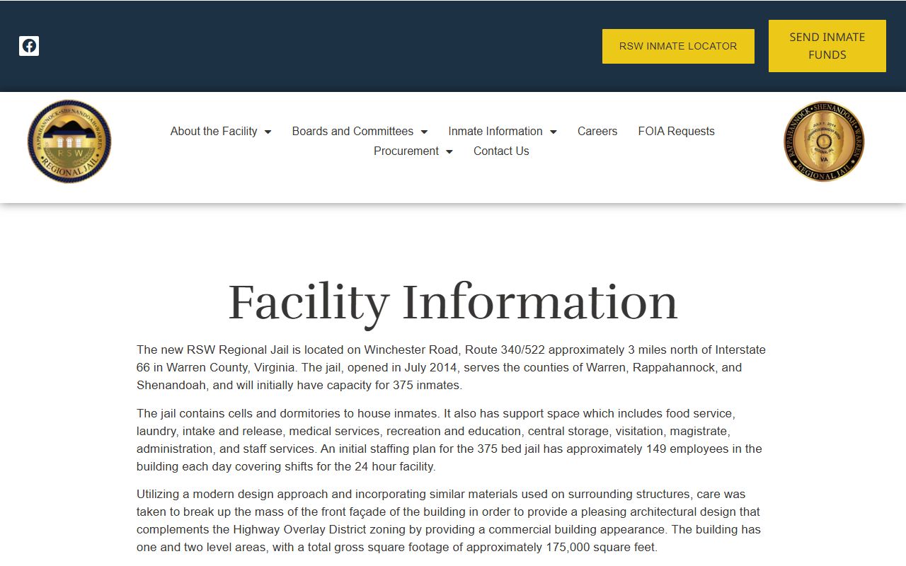 RSW Regional Jail facility information for Rappahannock County inmate population