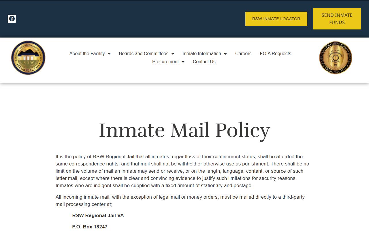 RSW Regional Jail mail policy for Rappahannock County inmates